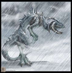Dragon Bloodlines - Caldur  Media: Digital  A dragon of the Kaldur Bloodline, patiently waiting and not at all bothered by the cold.   ____   The Kaldur are not a strong Bloodline. Their kind emerged only recently (by dragon timelines!) and many ancient dragons consider them to be a prime example of the strange degeneration that is affecting dragonkind (the species seems to be in decline, with fewer hatching and those that do seem unable to reach the heights of power that dragons once did). Flightless, stunted in growth and lacking any magic ability beyond their icy breath and very low level wind element techniques, other dragons look at them as a joke at best, an aberration of the species to be killed on sight at worst.  Though they could never be described as being particularly highbrow, Kaldur are not stupid. They understood their plight and this has led them to live in well structured social groups, all looking out for one another and are very placid amongst their own, well able to get along without any infighting. To other species however they are dangerous, efficient predators. Strangely they do not reciprocate the disdain offered them by other dragons and though they have learned to fear the other more powerful bloodlines they also look up to them, almost venerating them in an odd, Stokholm-Syndrome kind of way.  With the rise of humanity and their conquest of even the Kaldur's freezing, inhospitable territories across the World's Spine mountains forming the kingdom of Tenra, the dragons came to an unusual decision. Instead of fighting a battle they realised would never end against such a fast breeding and adaptable species, the Kaldur instead came to the humans and offered their friendship. Over the countless generations since the bargain was made this has proved a profitable venture for both the Tenrans and the Kaldur, though this has earned them ever greater animosity from the vast majority of their kindred. : dragon, daemonslayers, bloodlines, snow, ice, cold, drake, original species
